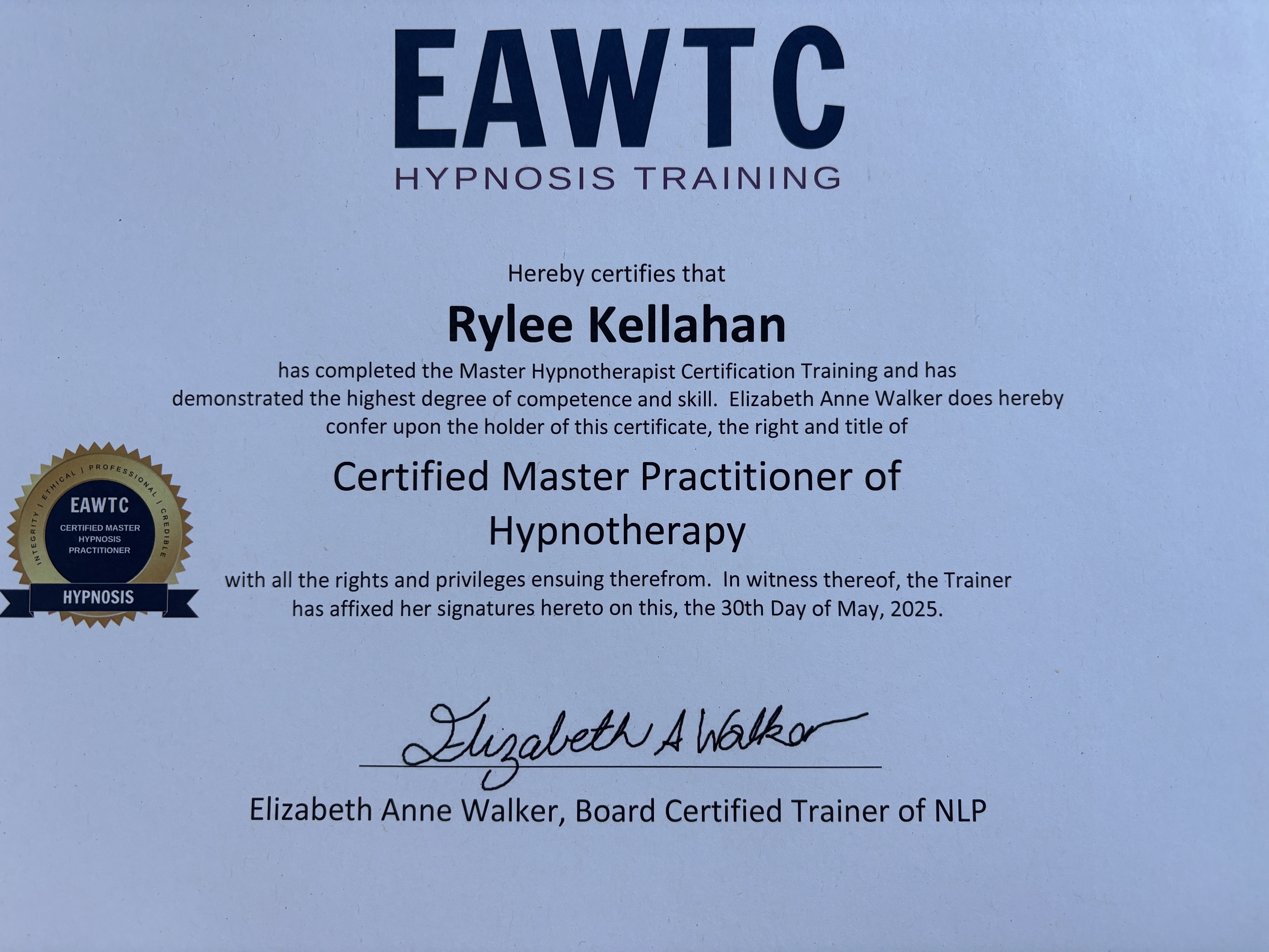 EAWTC Certified Master Practitioner of Hypnotherapy certificate, awarded to Rylee Kellahan